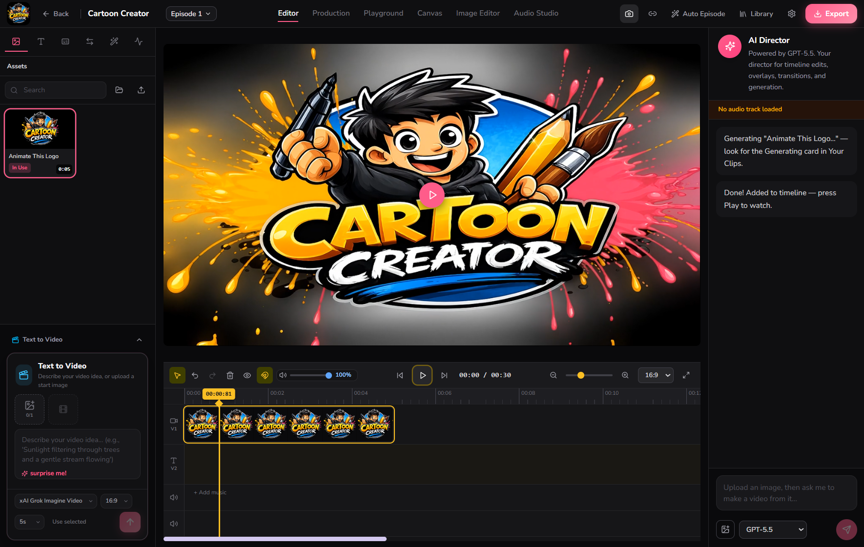 Cartoon Creator app: chat with AI Director to build animated scenes on a timeline